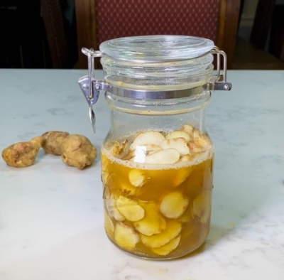 Jar of pickled sunchokes in apple cider vinegar | AnnaMaria's